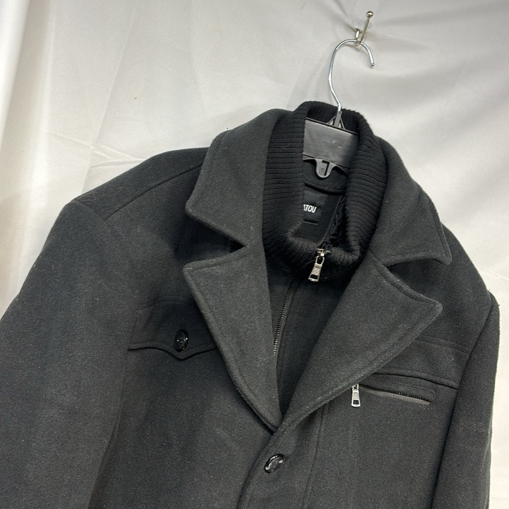 Chou Yatou black wool blend lined Pea Coat jacket size Large - Picture 8 of 13